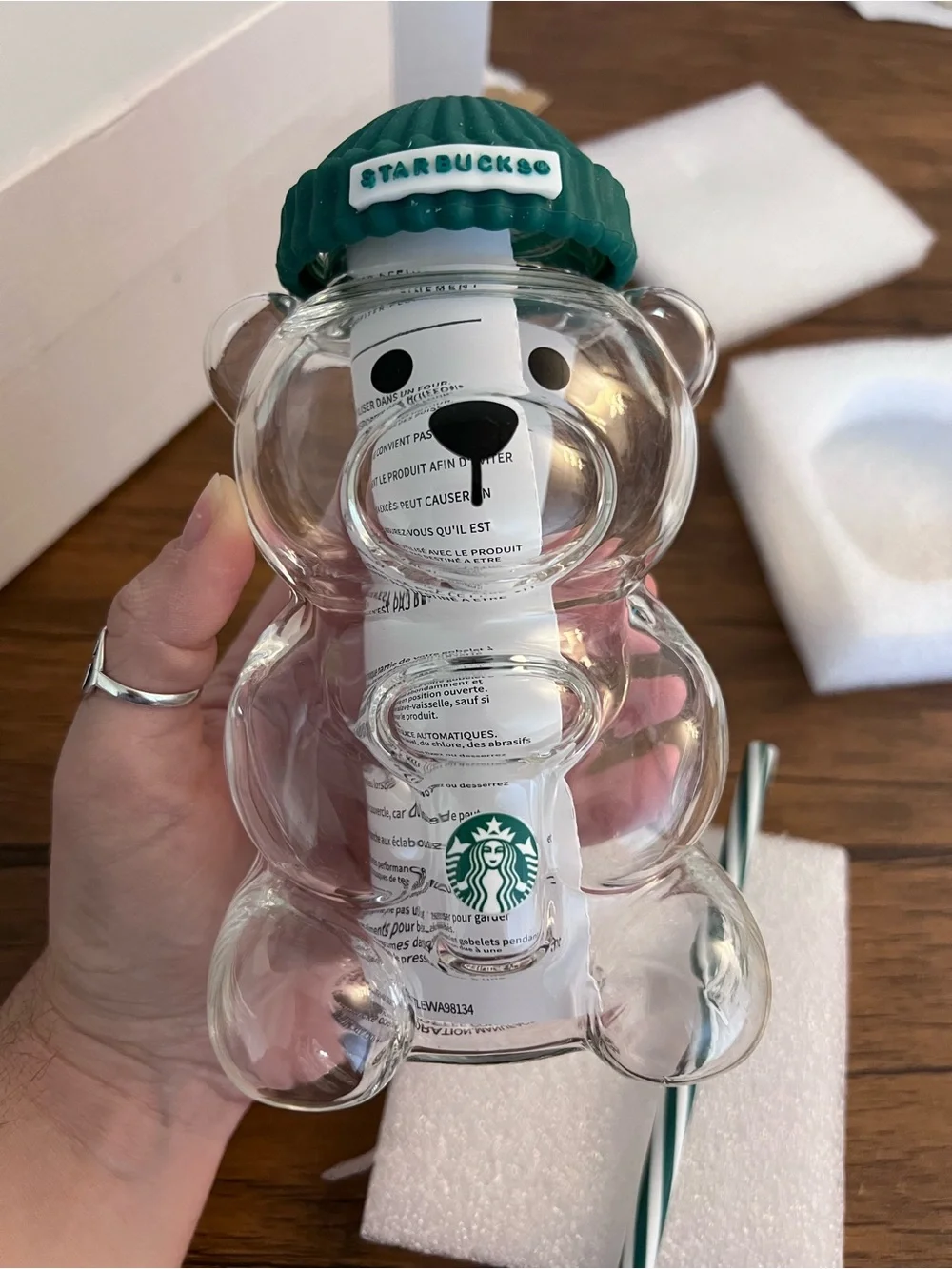 Knock Off Starbucks Clear Bear Glass Bottle with Dark Green Beanie Lid- 20oz